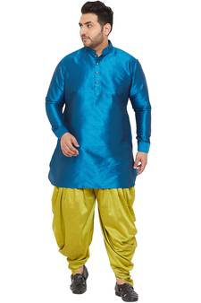 Men'S Turquoise And Cyan Green Silk Blend Kurta And Dhoti Set