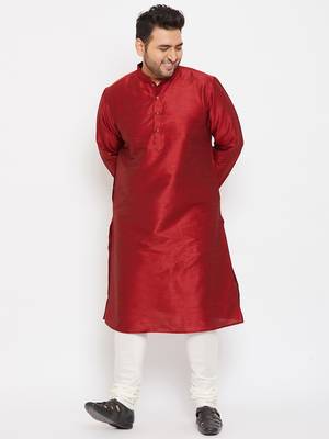 Men'S Maroon And Cream Silk Blend Kurta Pyjama Set 2