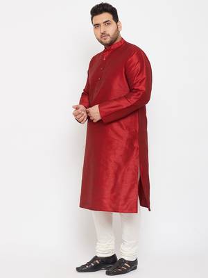 Men'S Maroon And Cream Silk Blend Kurta Pyjama Set 3
