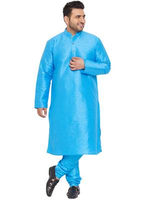 Men'S Aqua Blue Silk Blend Kurta Pyjama Set 1