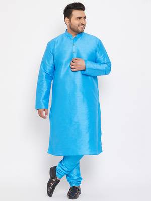 Men'S Aqua Blue Silk Blend Kurta Pyjama Set 2