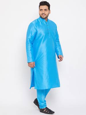 Men'S Aqua Blue Silk Blend Kurta Pyjama Set 3