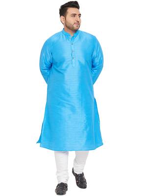 Men'S Aqua Blue And White Silk Blend Kurta Pyjama Set 1