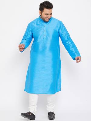 Men'S Aqua Blue And White Silk Blend Kurta Pyjama Set 2
