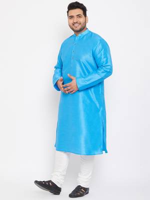 Men'S Aqua Blue And White Silk Blend Kurta Pyjama Set 3