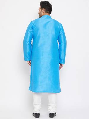 Men'S Aqua Blue And White Silk Blend Kurta Pyjama Set 4