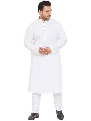 Men'S White Cotton Blend Kurta Pyjama Set 1
