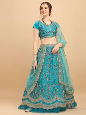 Aqua Blue Heavy Embroidered Satin Designer Women's Lehenga choli With Blouse piece and Dupatta 1
