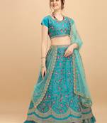 Aqua Blue Heavy Embroidered Satin Designer Women's Lehenga choli With Blouse piece and Dupatta