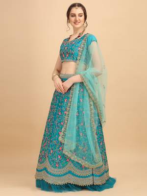 Aqua Blue Heavy Embroidered Satin Designer Women's Lehenga choli With Blouse piece and Dupatta 2