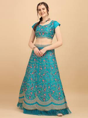 Aqua Blue Heavy Embroidered Satin Designer Women's Lehenga choli With Blouse piece and Dupatta 3