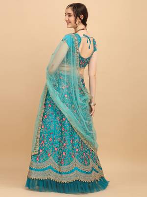 Aqua Blue Heavy Embroidered Satin Designer Women's Lehenga choli With Blouse piece and Dupatta 4