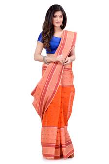 Orange hand woven cotton saree 