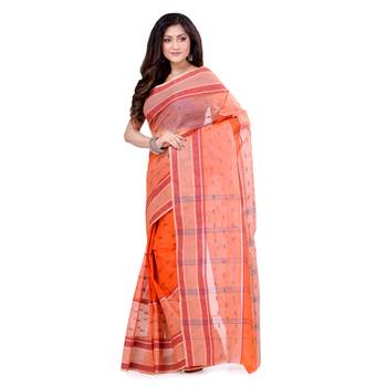 Orange hand woven cotton saree  3