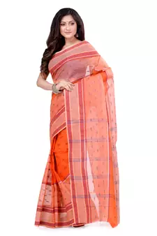 Orange hand woven cotton saree 