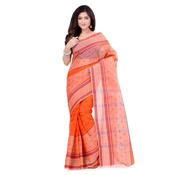 Orange hand woven cotton saree  5