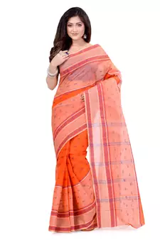 Orange hand woven cotton saree 