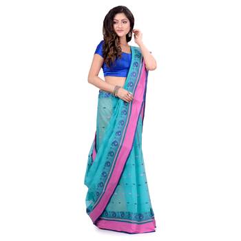 Blue Hand Woven Cotton Saree Without Blouse 1