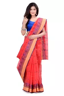 Red Hand Woven Cotton Saree Without Blouse