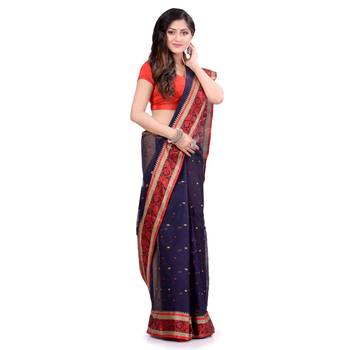 Blue Hand Woven Cotton Saree Without Blouse 1