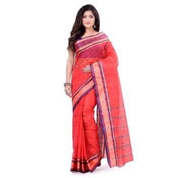 Red Hand Woven Cotton Saree Without Blouse 5