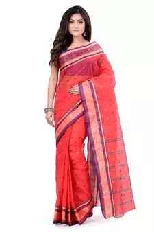 Red Hand Woven Cotton Saree Without Blouse