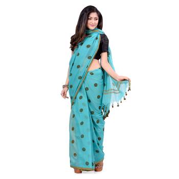 Blue Hand Woven Cotton Saree Without Blouse 1