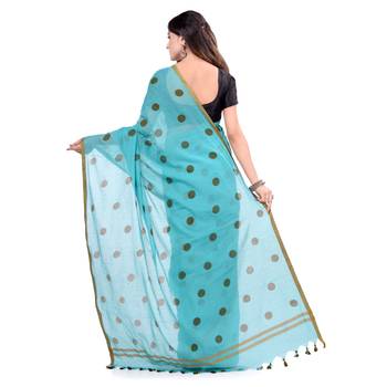 Blue Hand Woven Cotton Saree Without Blouse 2