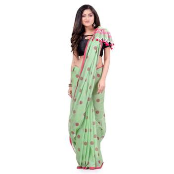Green Hand Woven Cotton Saree Without Blouse 1