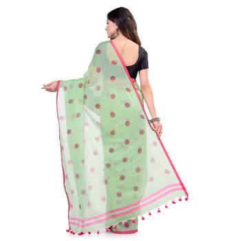 Green Hand Woven Cotton Saree Without Blouse 2