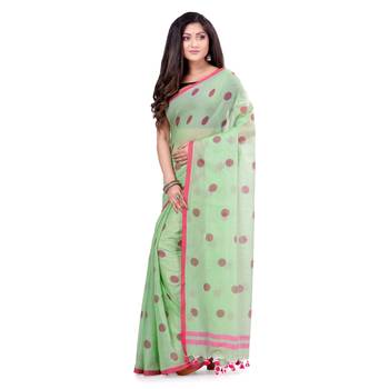 Green Hand Woven Cotton Saree Without Blouse 3