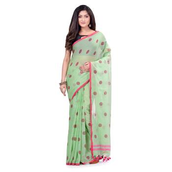 Green Hand Woven Cotton Saree Without Blouse 5