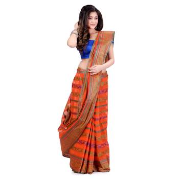 Orange Hand Woven Cotton Saree Without Blouse 1