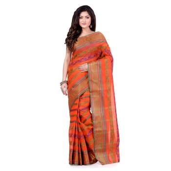 Orange Hand Woven Cotton Saree Without Blouse 5
