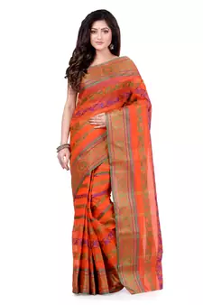 Orange Hand Woven Cotton Saree Without Blouse