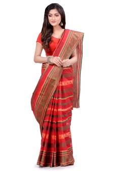 Red Hand Woven Cotton Saree Without Blouse