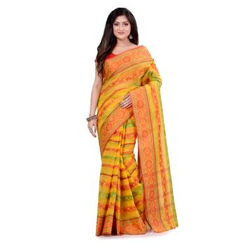 Yellow Hand Woven Cotton Saree Without Blouse 5