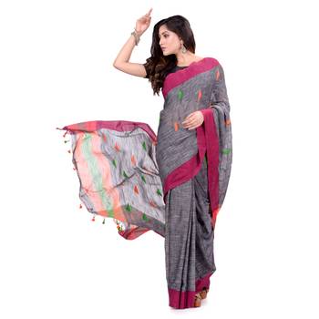 Grey hand woven cotton saree with blouse 1