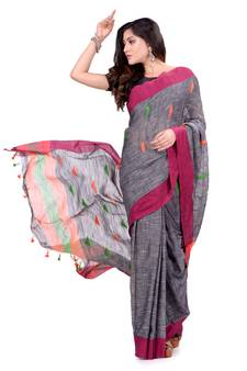 Grey hand woven cotton saree with blouse