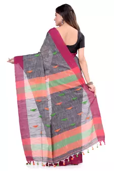 Grey hand woven cotton saree with blouse