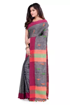 Grey hand woven cotton saree with blouse