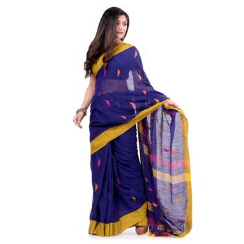 Blue hand woven cotton saree with blouse 1