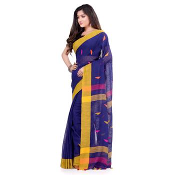 Blue hand woven cotton saree with blouse 3