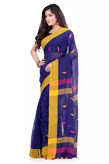 Blue hand woven cotton saree with blouse