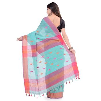 Multicolor hand woven cotton saree with blouse 2