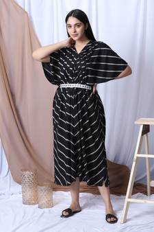 BLACK PRINTED KAFTAN WITH EMBROIDERED BELT