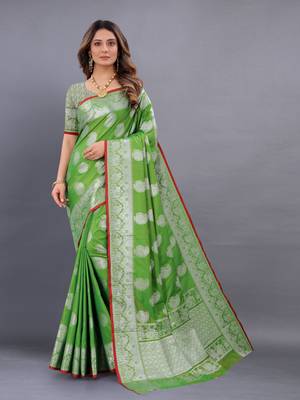 Green woven cotton silk saree with blouse 1