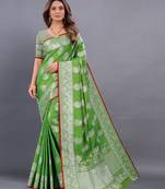 Green woven cotton silk saree with blouse