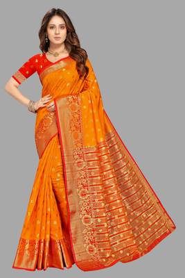 Orange woven cotton silk saree with blouse 1