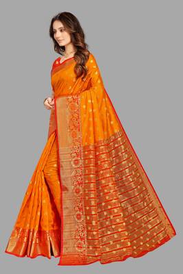 Orange woven cotton silk saree with blouse 2